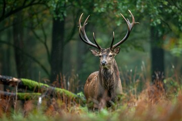 Majestic stag with large antlers standing in a lush forest