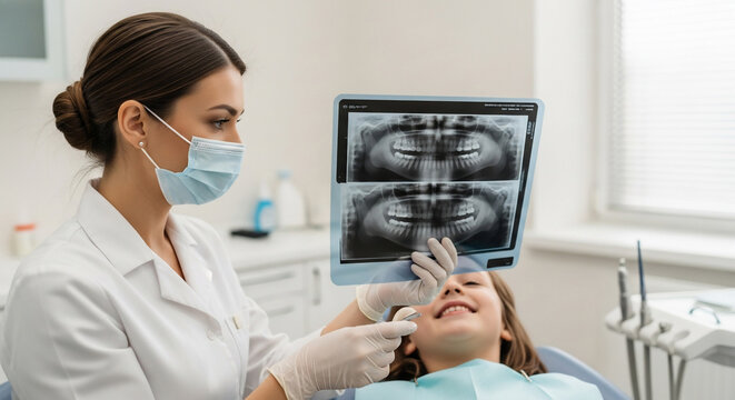 Pediatric Dentist Shows X-Ray to Smiling Child Patient in Modern Clinic
