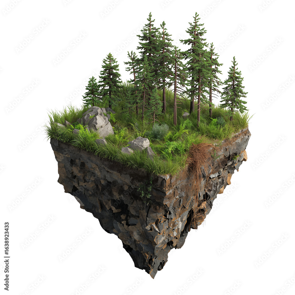 Poster elevated forest microcosm earth block a verdant ecosystem with isolated transparent backdrop