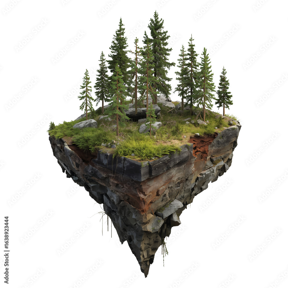 Poster floating miniature forest island showcasing cross-section of terrain and coniferous trees against