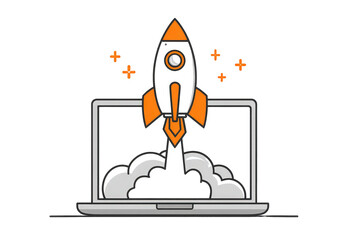 Rocket Launching from Laptop Screen Digital Illustration Modern Technology Concept