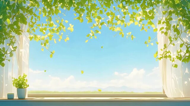 A bright, sunny day seen through an open window with lush green leaves and flowing white curtains. Evokes a sense of freshness, peace, and a beautiful summer morning.