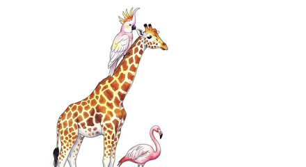 Obraz premium Whimsical Illustration of a Giraffe, Parrot, and Flamingo on White Background