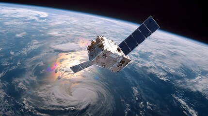  Satellite Orbiting Earth Above Massive Hurricane, Space Technology for Weather Monitoring and Climate Observation