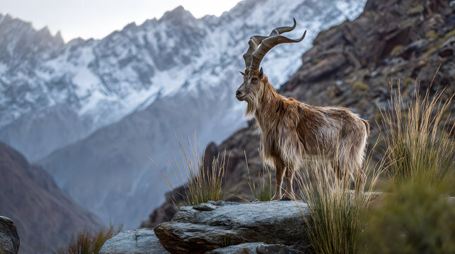 Rare animal markhor (Capra falconeri) standing proudly atop a rocky outcrop in the rugged mountains of northern Pakistan.
