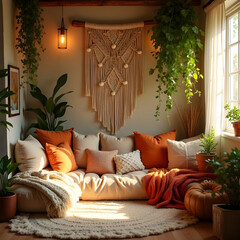 A cozy, sun-drenched reading nook filled with throw pillows and blankets. The decor is a mix of bohemian and rustic, with natural wood, hanging plants, and a woven macrame wall hanging