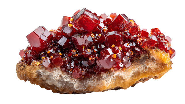 Vanadinite raw cluster, bright red hexagonal crystals, natural brown matrix, isolated on Transparent background