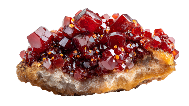 Vanadinite raw cluster, bright red hexagonal crystals, natural brown matrix, isolated on Transparent background