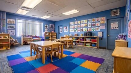 Classroom Interior with Tables, Chairs and Student Artwork on Wall