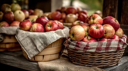 Fresh Apples in Baskets Displayed on Wooden Table