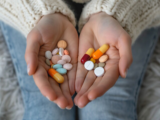 Close-up of hands holding vitamins, pills, autumn cold prevention concept