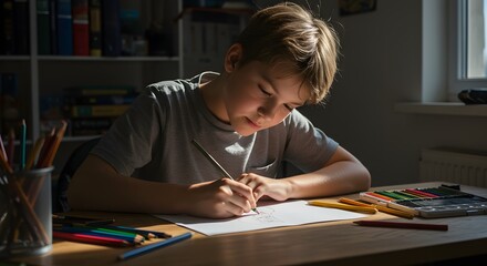 A young boy concentrates while drawing with a pencil at his desk in a sunlit room.