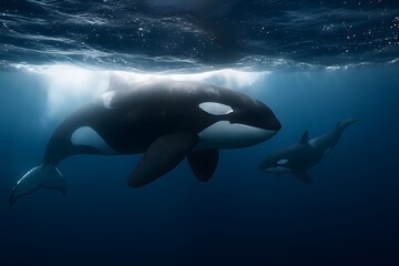 Obraz premium Realistic Underwater Scene of Adult and Baby Orca Swimming Near Ocean Surface