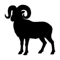 Black silhouette of a bighorn sheep or ram standing in profile, isolated on a white background.