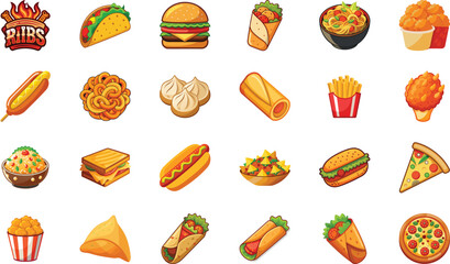 Colorful Cartoon Fast Food Icons Collection Featuring Burgers, Pizza, Tacos, Wraps, Fries, Snacks, and Street Food Items on White Background