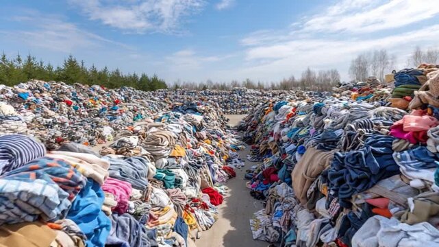 Textile Mountain: A sprawling landscape of discarded clothing and textiles, symbolizing the pervasive challenges of waste and its impact on our shared world