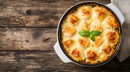 Crockpot Angel Chicken Concept. Creamy Cheese Bake with Golden Brown Topping and Fresh Basil on Rustic Wooden Table