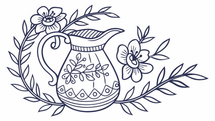 Obraz premium Floral pitcher drawing vector design element with flowers and leaves line art illustration for print