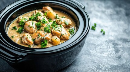 Crockpot Angel Chicken Concept. Delicious Chicken Stew Served in Black Pot with Fresh Herbs and Creamy Sauce