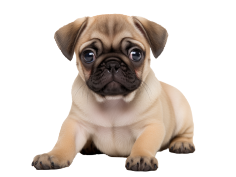 Dorable fawn pug puppy with big eyes, a charming canine companion for heartwarming projects and pet-related content on transparent background