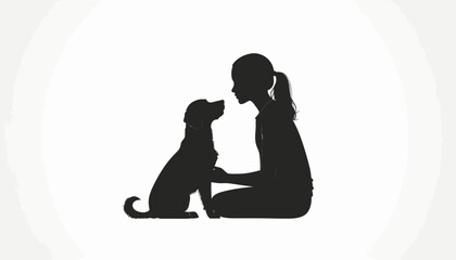 Silhouette of a girl kneeling and facing a dog, showing affection and companionship.