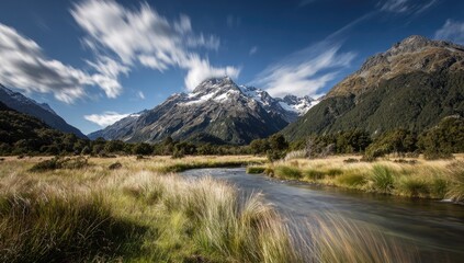 Naklejka premium Mountain valley river, scenic landscape, sunlit, tranquil, nature photography, travel poster