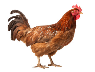 Fototapeta premium Brown feathered rooster, a symbol of farm life, standing tall and proud on transparent background