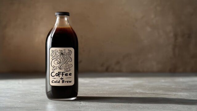 Cold Brew Coffee Bottle with Artistic Label on Concrete Surface, Minimalist Style