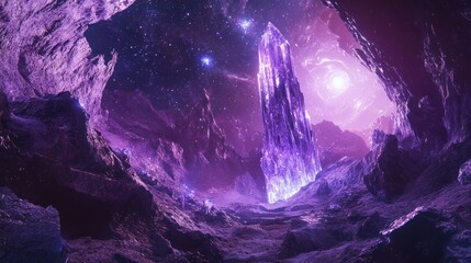 Cosmic cave with crystal spire