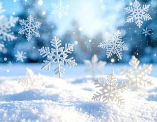 Sparkling snowflakes gently fall onto a snowy landscape, bathed in bright sunlight