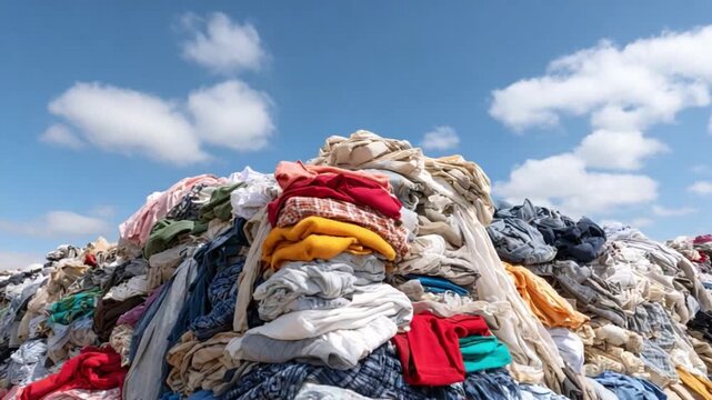 Clothing Mountain: A massive pile of colorful, discarded clothing rises against a bright blue sky with fluffy clouds, symbolizing overconsumption and textile waste in a stark environmental statement.