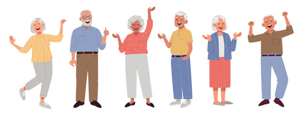 Set of characters of elderly happy people. Mature men and women rejoice and dance, demonstrate gestures of approval and jubilation, seniors are delighted