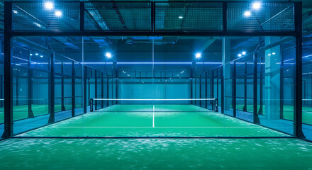Illuminated indoor padel court showcasing modern design and vibrant blue lighting in a professional sports facility