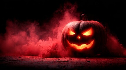 Halloween pumpkin with glowing face in red smoky atmosphere on black background, banner with copy space