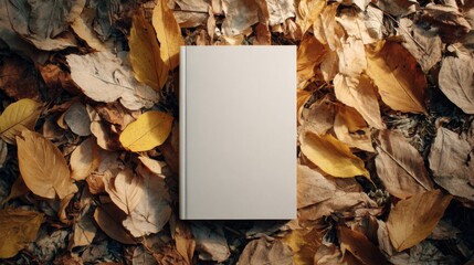 White blank book mockup on pile of autumn leaves outdoors  