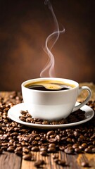 Steaming cup of coffee on a rustic wooden table surrounded by coffee beans