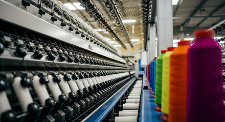 Vibrant spools of thread on automated spinning machinery in a large textile factory. Industrial production line concept.