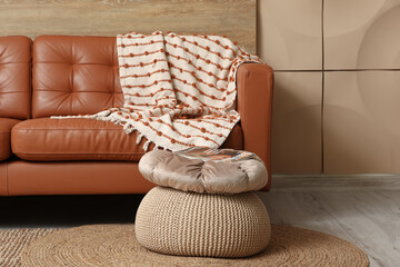 Cozy sofa and pouf with magazine in interior of living room