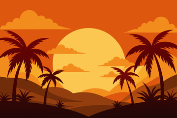 Fototapeta premium Illustration of palm trees at sunset time