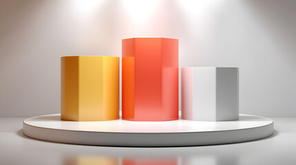 Three colorful hexagonal columns on a white platform under spotlights a minimalist display