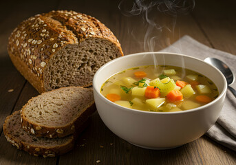 Hearty Vegetable Soup and Bread Warm Comfort Food, Nutritious Meal, Homestyle Cuisine, Healthy Eating