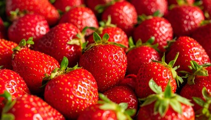 冷たい水滴がきらりと光る、朝採れの完熟いちごのクローズアップ