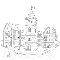 Fototapeta premium Detailed Black and White Illustration of a Classic Clock Tower