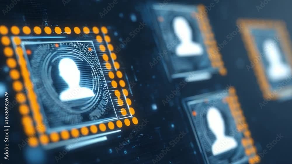 Poster digital profiles: abstract depiction of interconnected user profiles represented as circuit boards. 