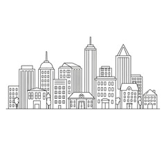 Naklejka premium Simple Black and White Cityscape Illustration with Various Building Styles