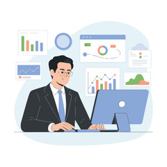 Data Analyst Flat Vector Illustration Working on Computer with Charts and Graphs.