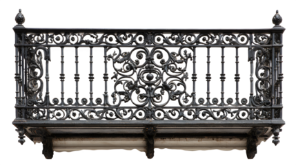 A wrought-iron balcony railing with intricate scrollwork, isolated on a Transparent background