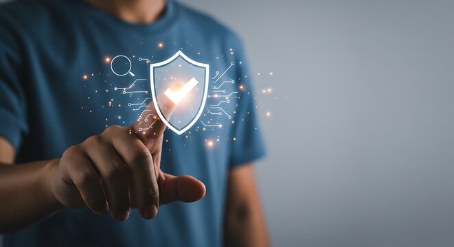 Man touching digital shield for secure online access protection