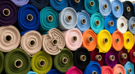 Colorful rolls of cloth and textile materials stacked in a haberdashery. A vibrant background of fabric bolts for sewing and design.