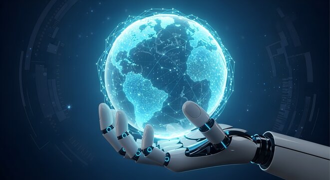 Futuristic robotic hand holding a glowing digital earth with intricate network of light and data streams - Powered by Adobe